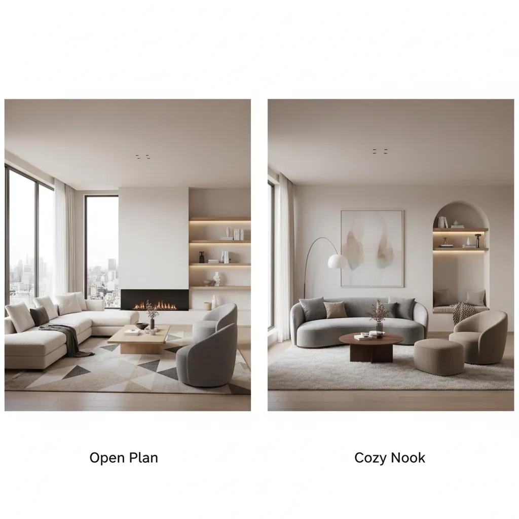 Comparison of open plan living room layout and cozy living room design for home interiors