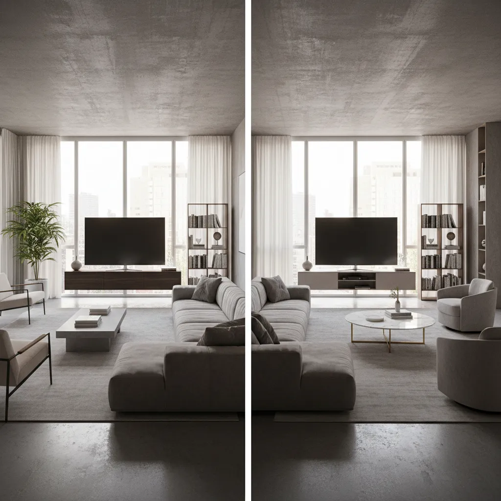 Comparación de dos distribuciones de muebles en un salón moderno
