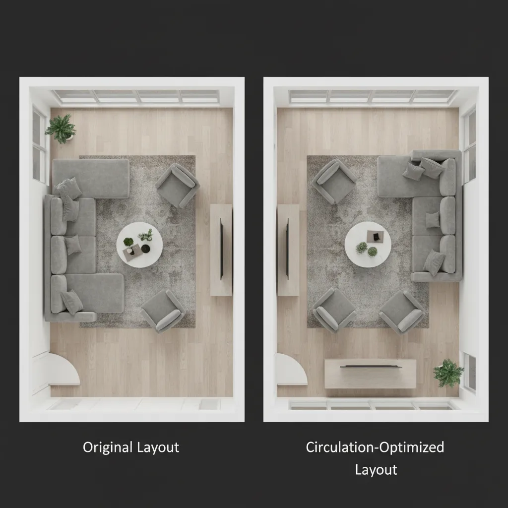 Before and after comparison showing original living room layout versus an optimized furniture arrangement design