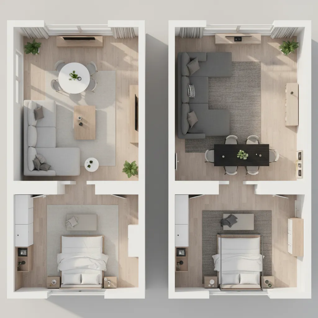 Comparación de dos distribuciones interiores en un mismo plano de vivienda