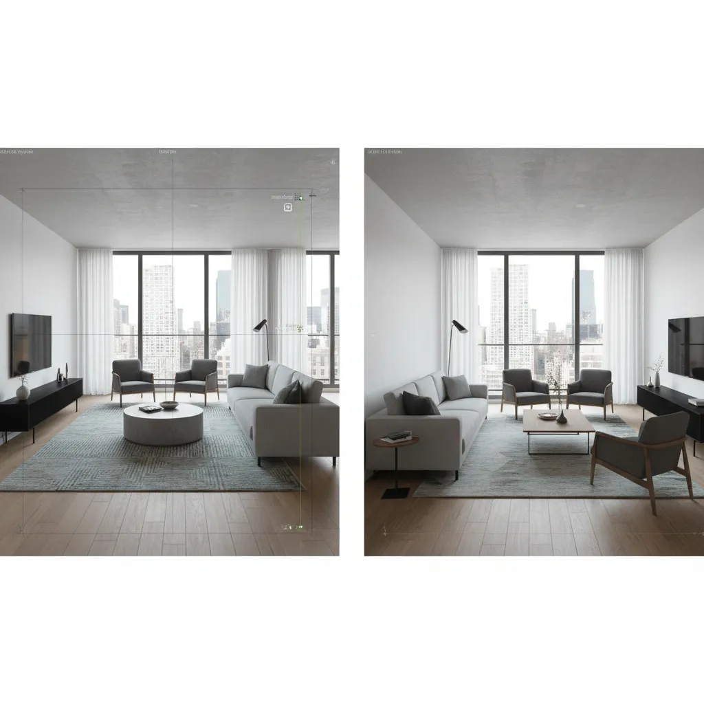 Dos configuraciones diferentes de muebles en un salón digital