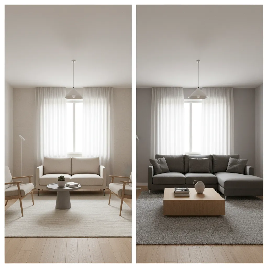 Two living room designs comparing small cream furniture against a large grey sofa and table