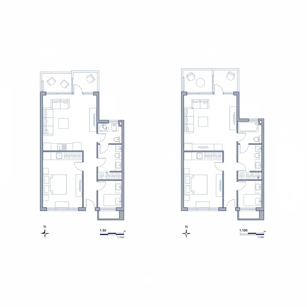 Comparación de planos arquitectónicos en escala 1:50 y 1:100