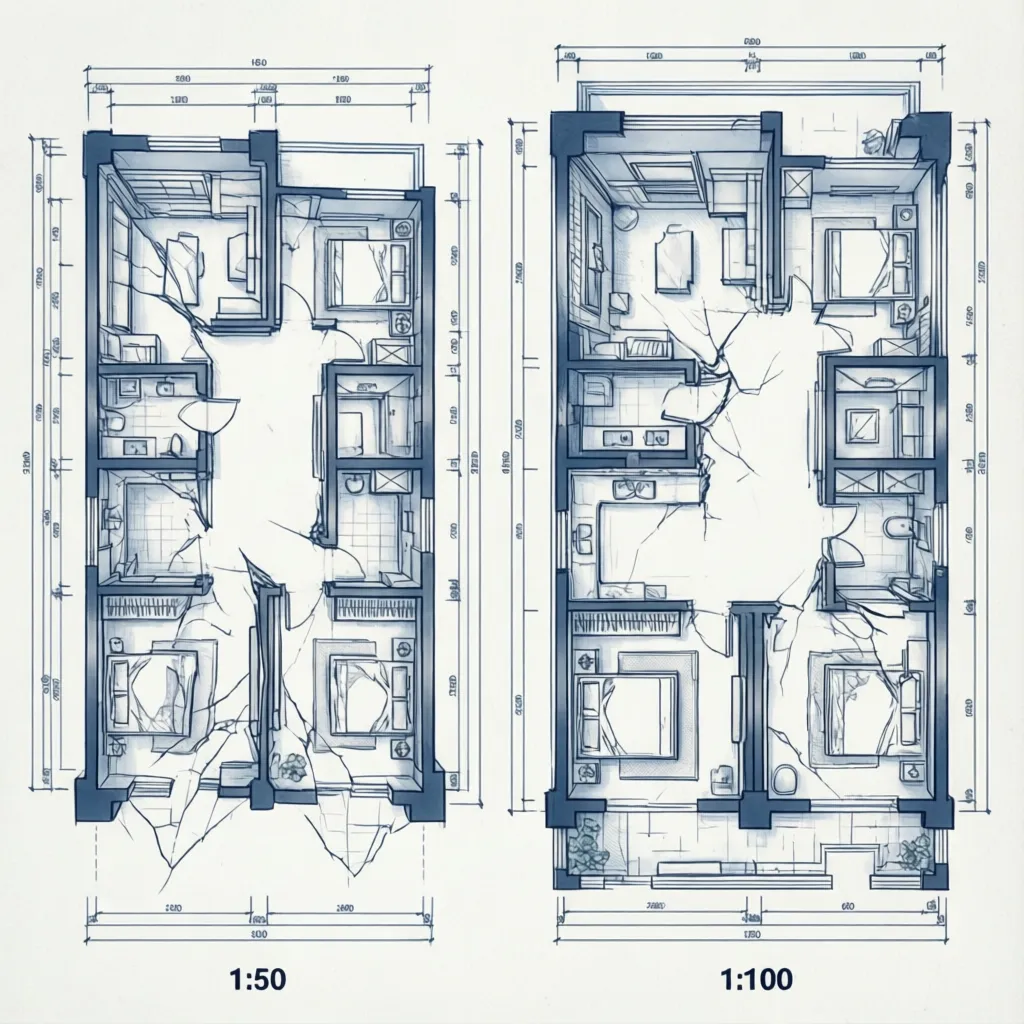 Comparación visual entre plano a escala 1:50 y 1:100