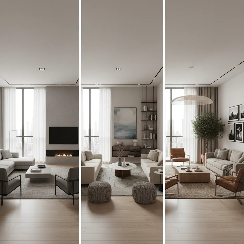 Comparación de distribución de muebles en un espacio interior 3D