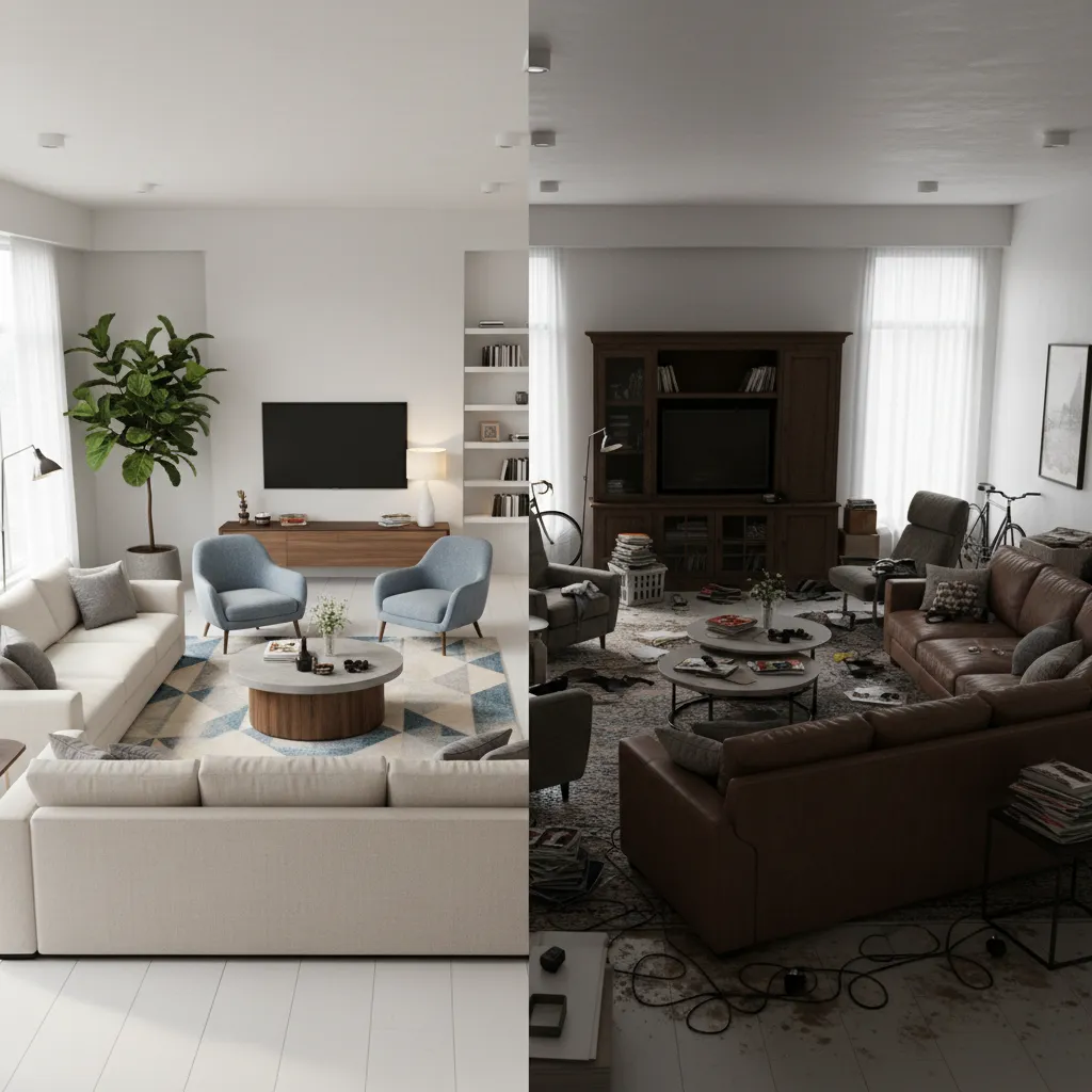 Comparison showing a clean bright living room layout versus a messy dark living room layout