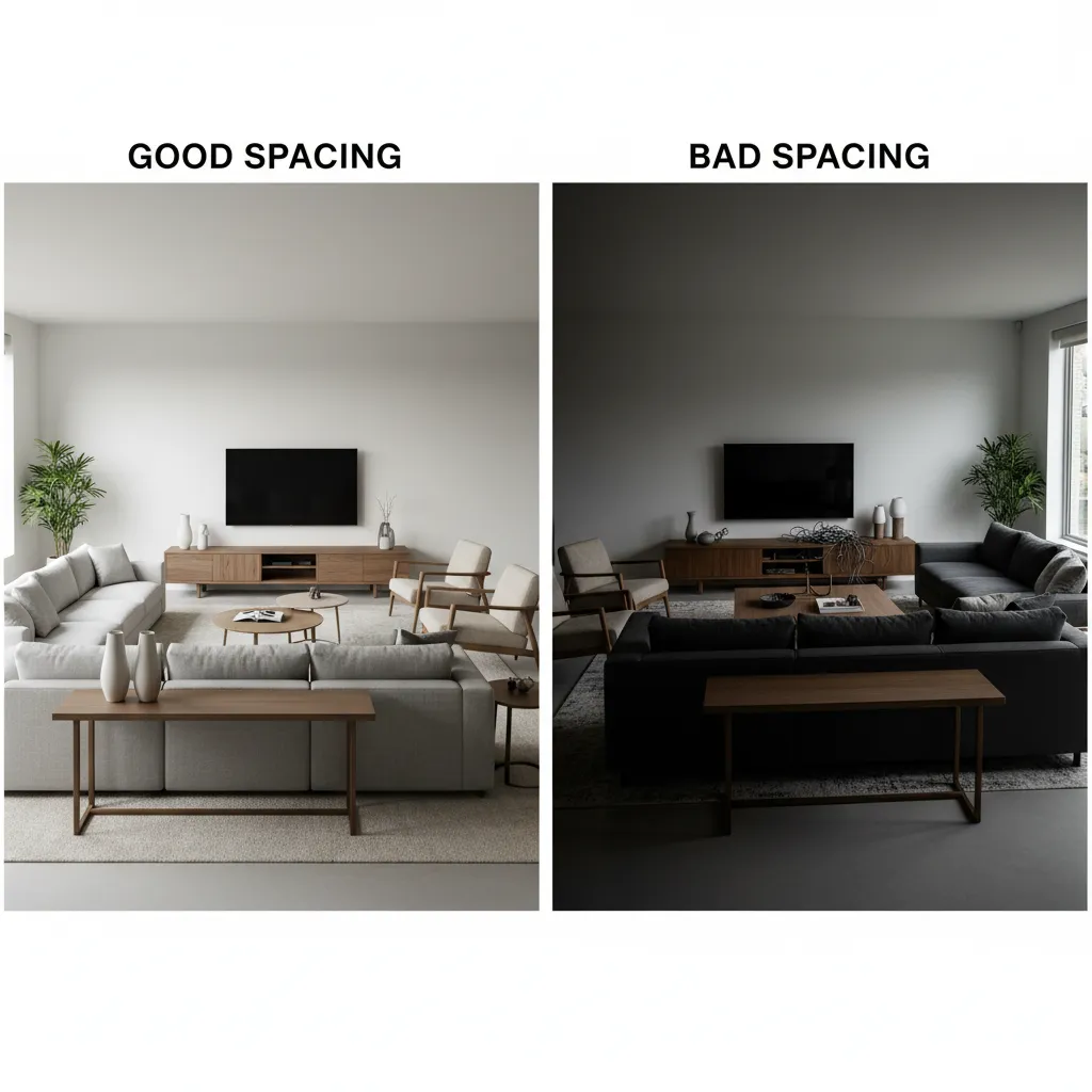 comparación de distribución correcta e incorrecta de muebles en un salón