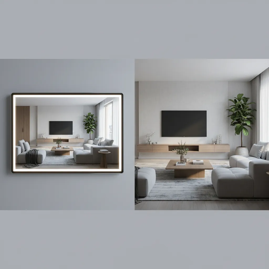 Comparación entre diseño digital de un salón y espacio real decorado