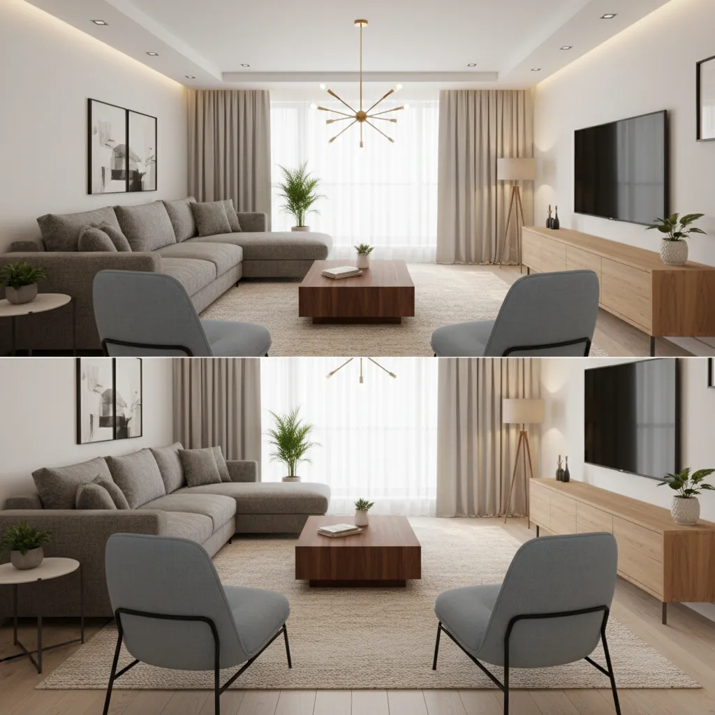 Comparación entre render 3D y salón real terminado