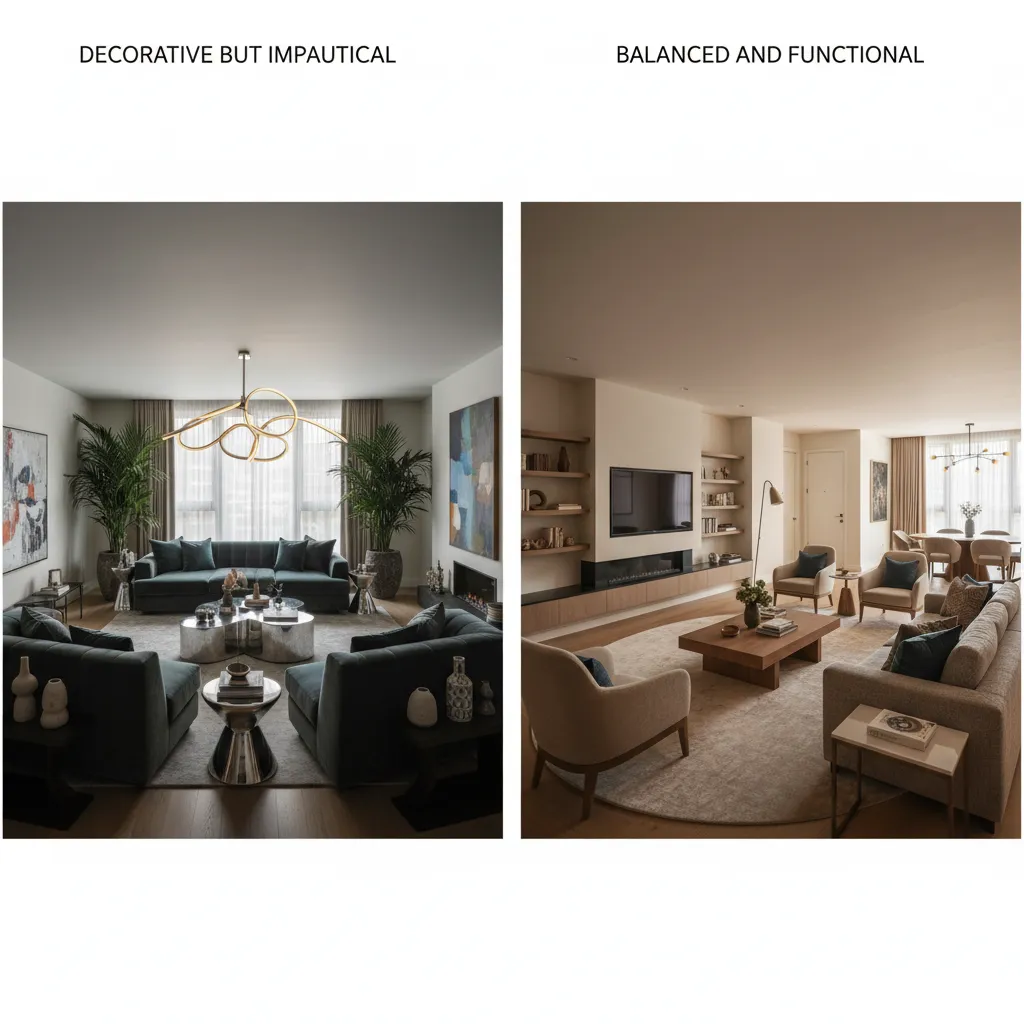 Comparison between a decorative impractical living room and a balanced functional interior design room layout