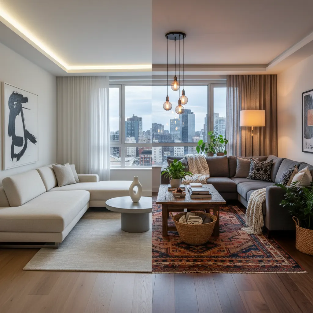 Comparación de dos estilos de decoración en salas modernas