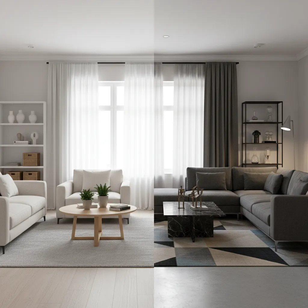 Comparación visual de dos estilos de decoración en una misma sala