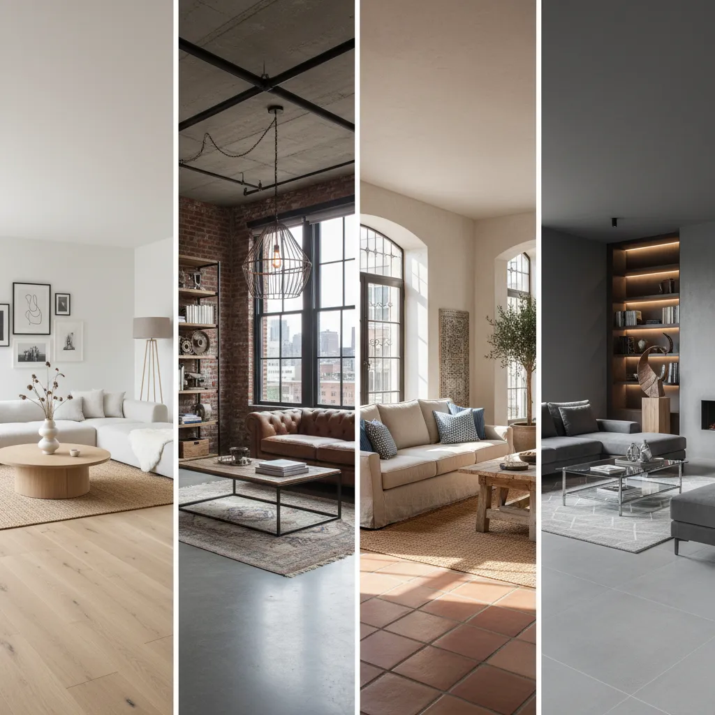 Comparison of four living room styles showing minimalist white industrial brick rustic wood and modern