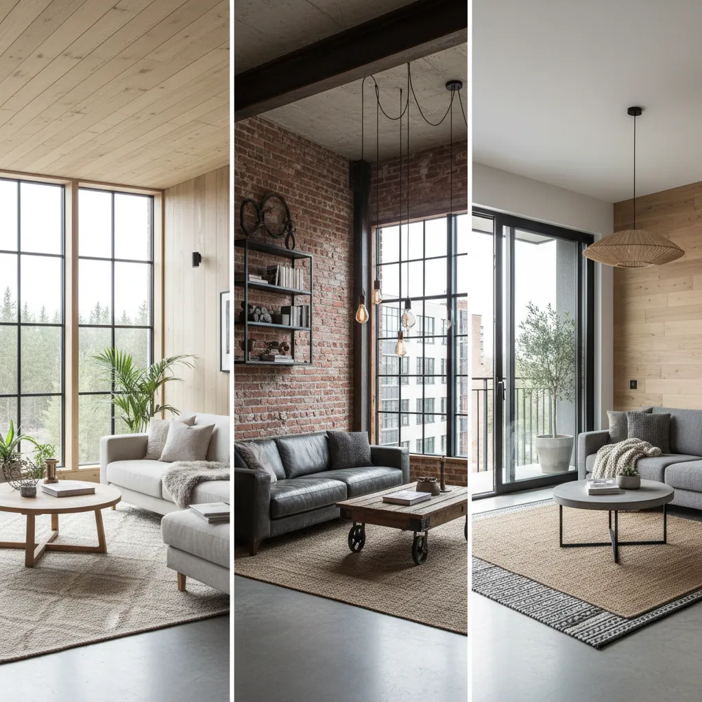 Comparison of three living room styles including minimalist wood industrial brick and modern neutral designs