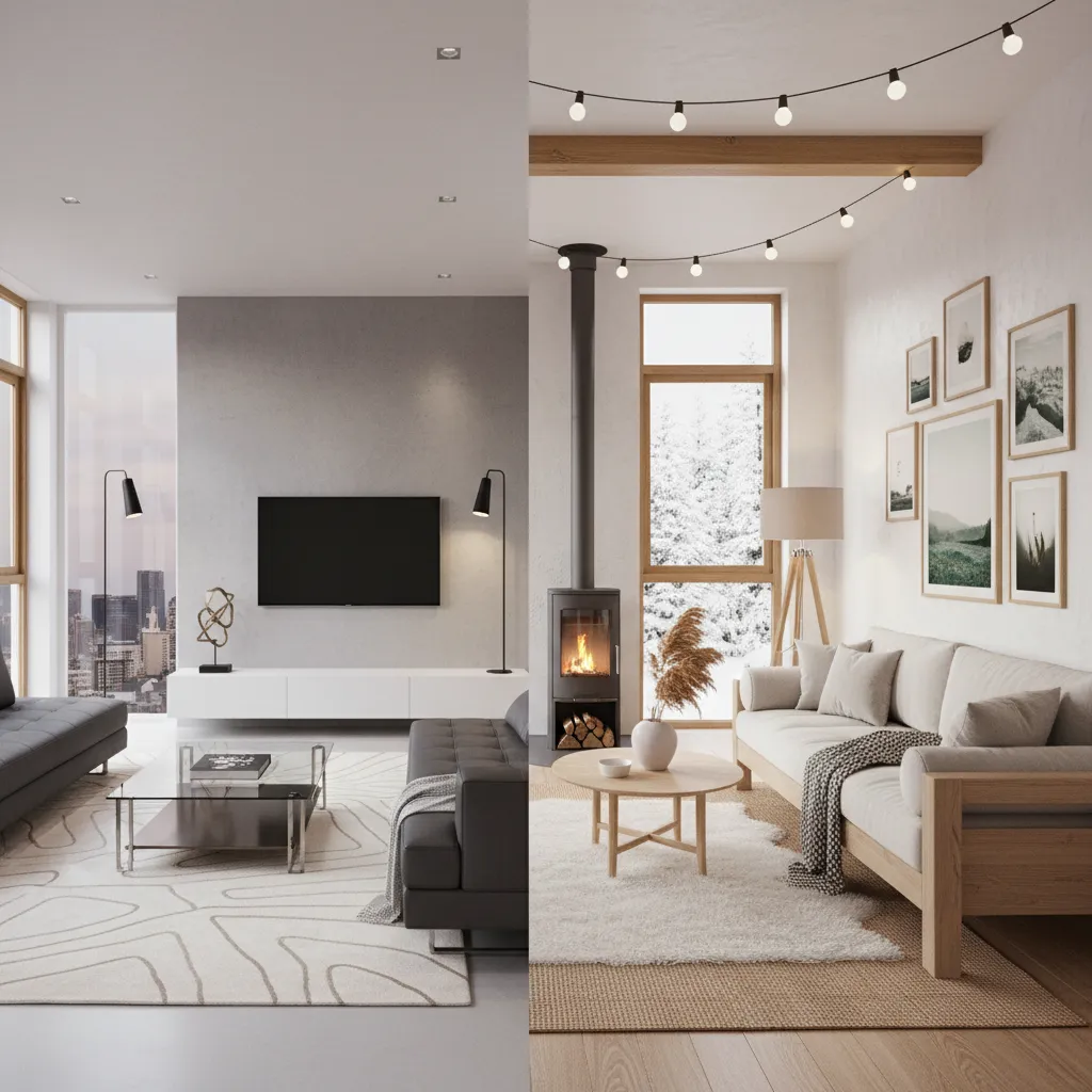 Split screen comparison showing minimalist modern living room versus cozy rustic interior with fireplace sofa