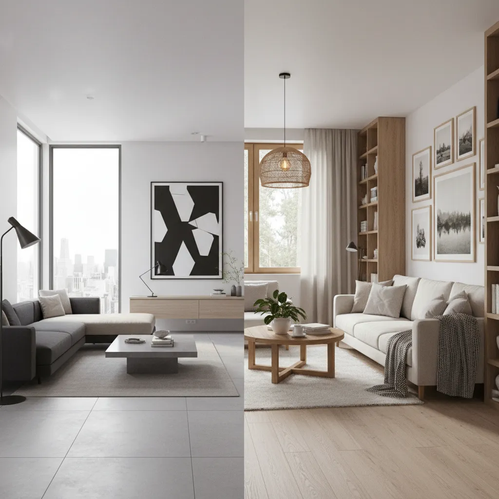Before-and-after comparison of modern minimalist living room versus warm cozy living room with wooden furniture