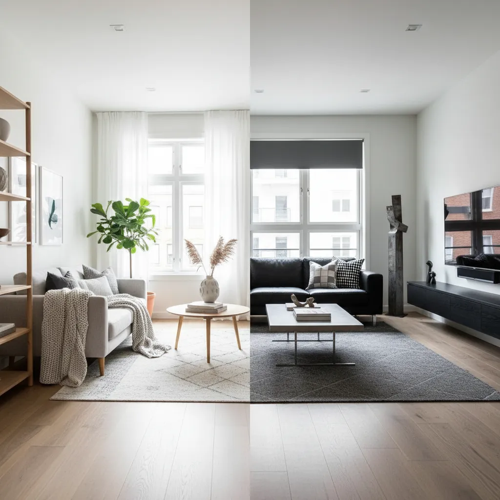 Salón dividido mostrando diferentes estilos decorativos como moderno y nórdico