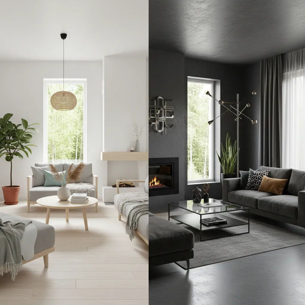 Comparison between bright white living room and dark grey living room interior design drawing layout