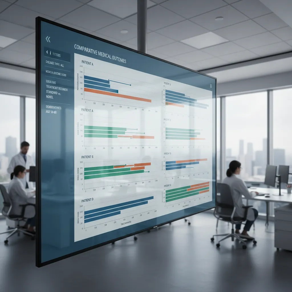 Large screen showing medical data charts with lab workers in a modern bright office setting