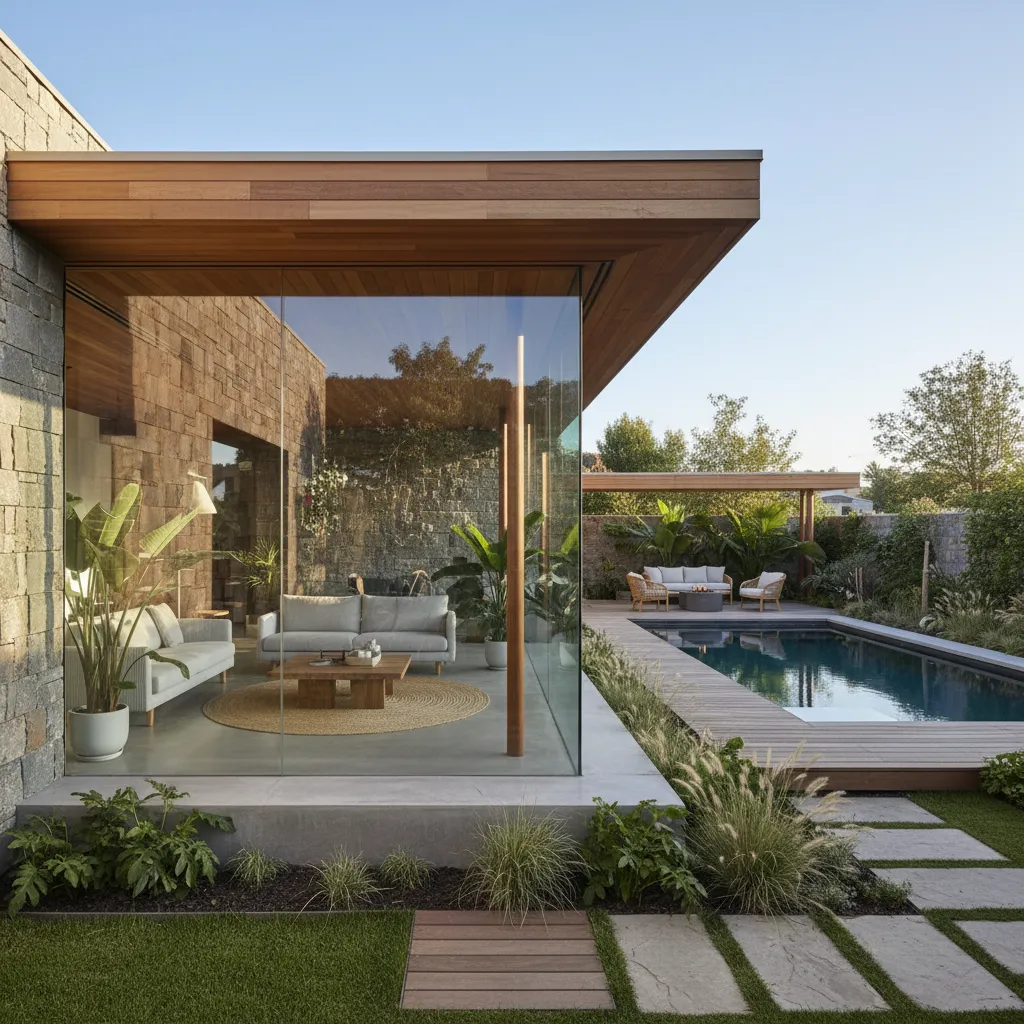 Casa con transición visual entre salón interior y jardín exterior