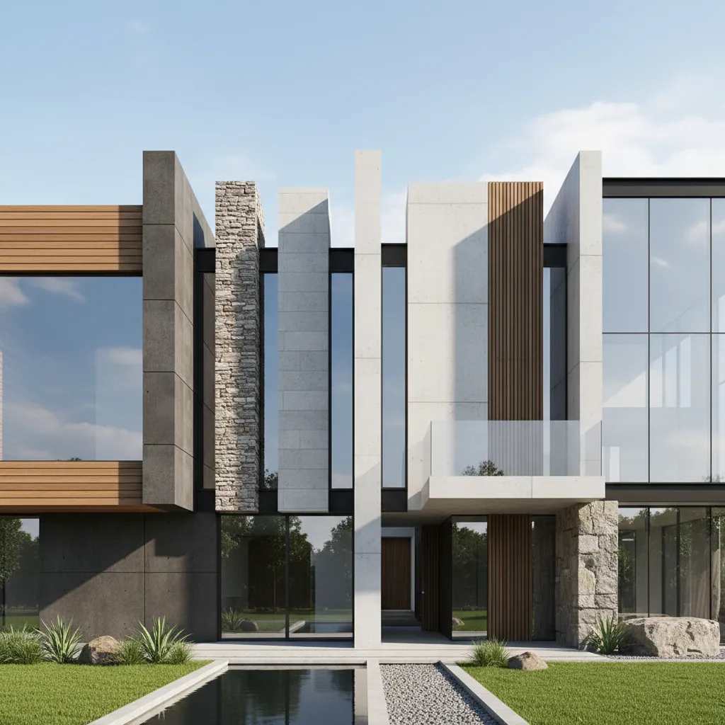 Comparación de materiales en fachada moderna con madera piedra y hormigón