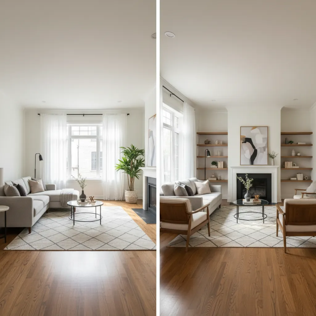 Comparación entre una habitación real y una propuesta decorativa generada por IA