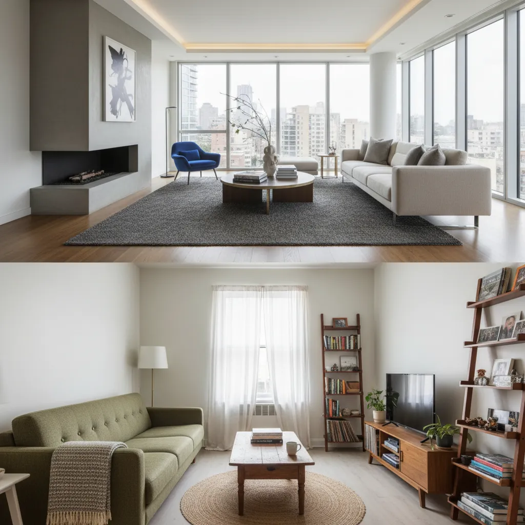 Comparación entre un salón de revista y un salón real más pequeño