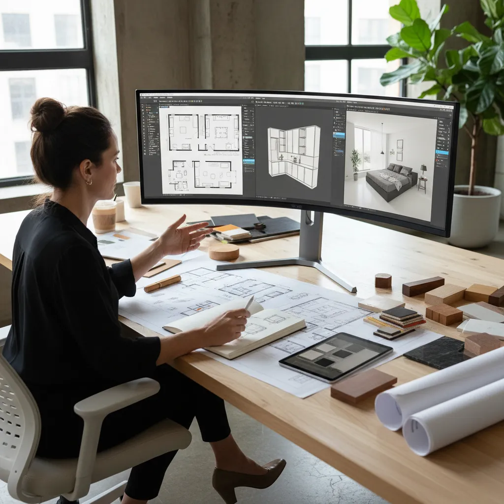 Diseñador comparando diferentes herramientas de diseño en ordenador