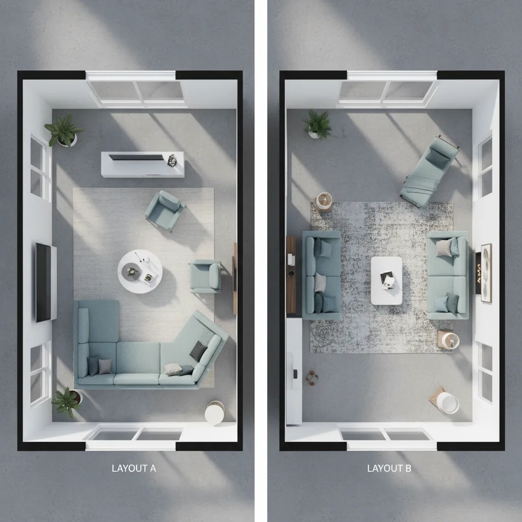 Top-down view comparing two living room floor plan designs with different sofa and table placements
