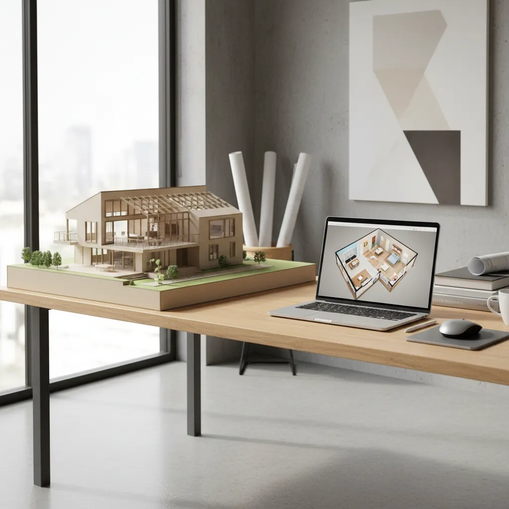 Comparación entre maqueta de cartón y diseño digital en pantalla