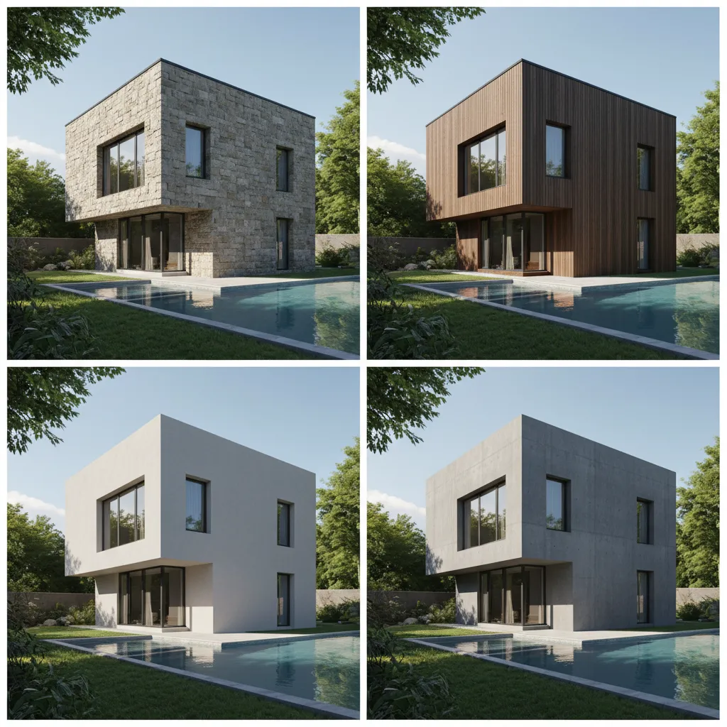 Comparación de materiales de fachada en modelo 3D