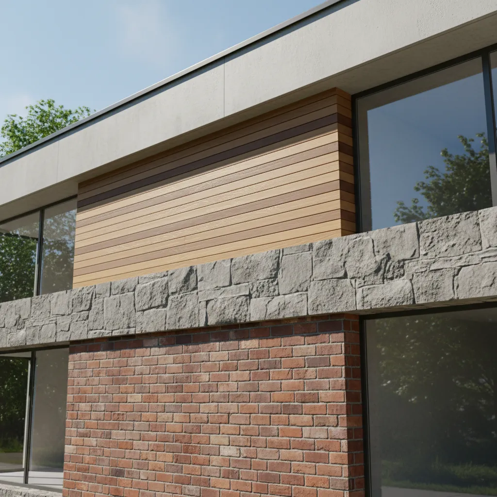 Comparación visual de materiales de fachada como ladrillo piedra y madera