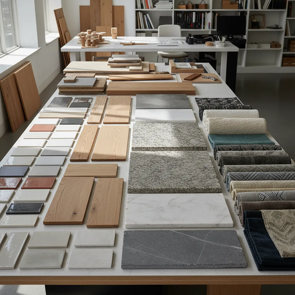 Various interior design material samples including wood tiles stone and fabrics on a large table