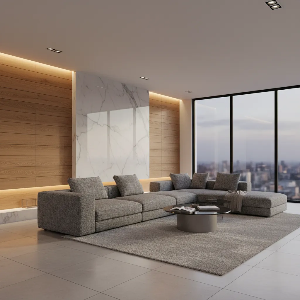 render interior mostrando diferentes materiales y texturas