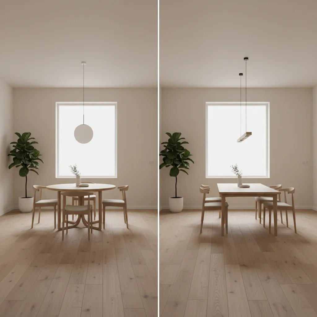 Comparación visual entre mesa redonda y rectangular en un comedor