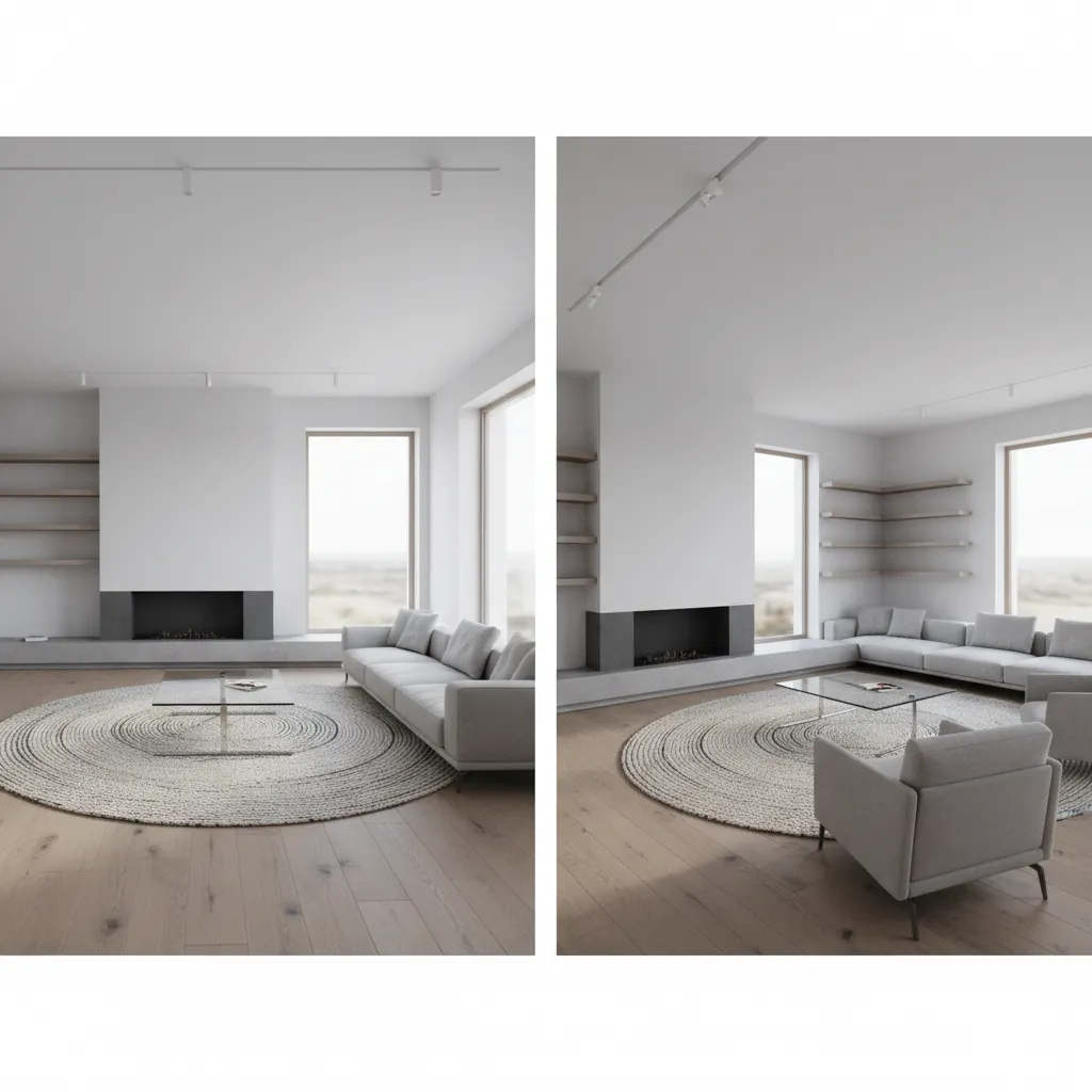 Comparison of two minimalist living room interior design drawings with grey sofa fireplace and rug
