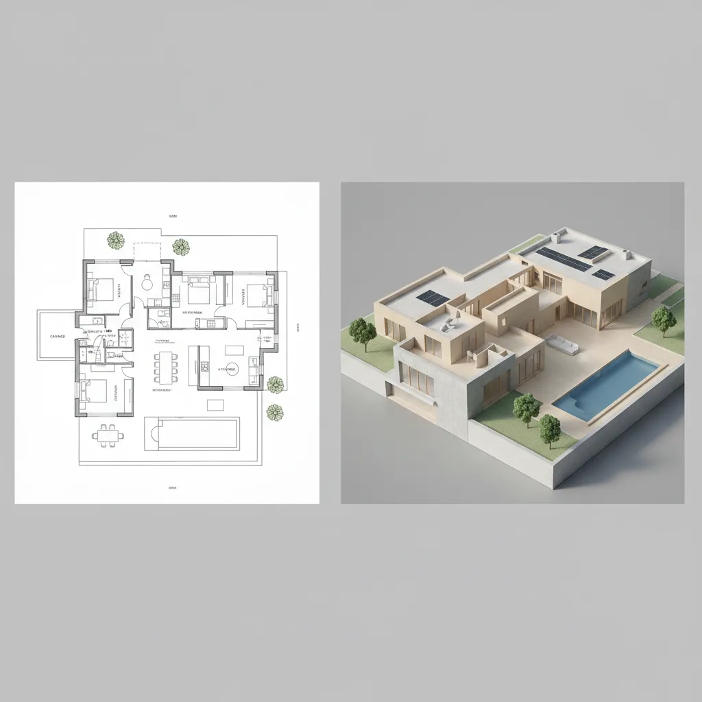 Comparación entre plano de casa 2D y modelo 3D