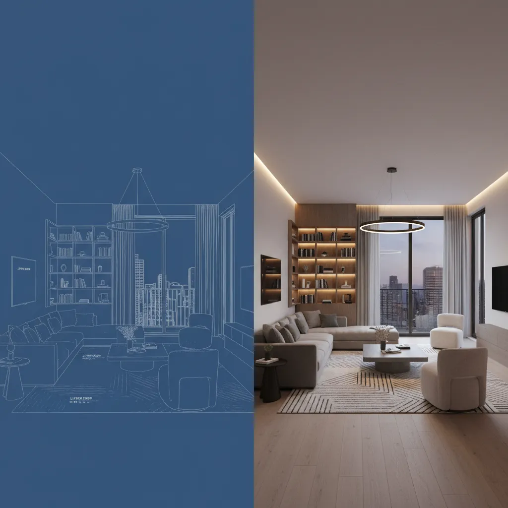 Comparación entre plano 2D y visualización 3D de una habitación