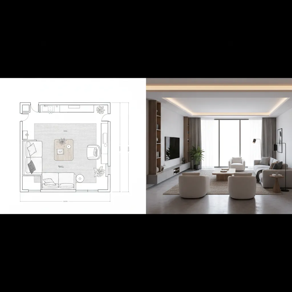 Comparación entre plano 2D y visualización 3D de una misma habitación