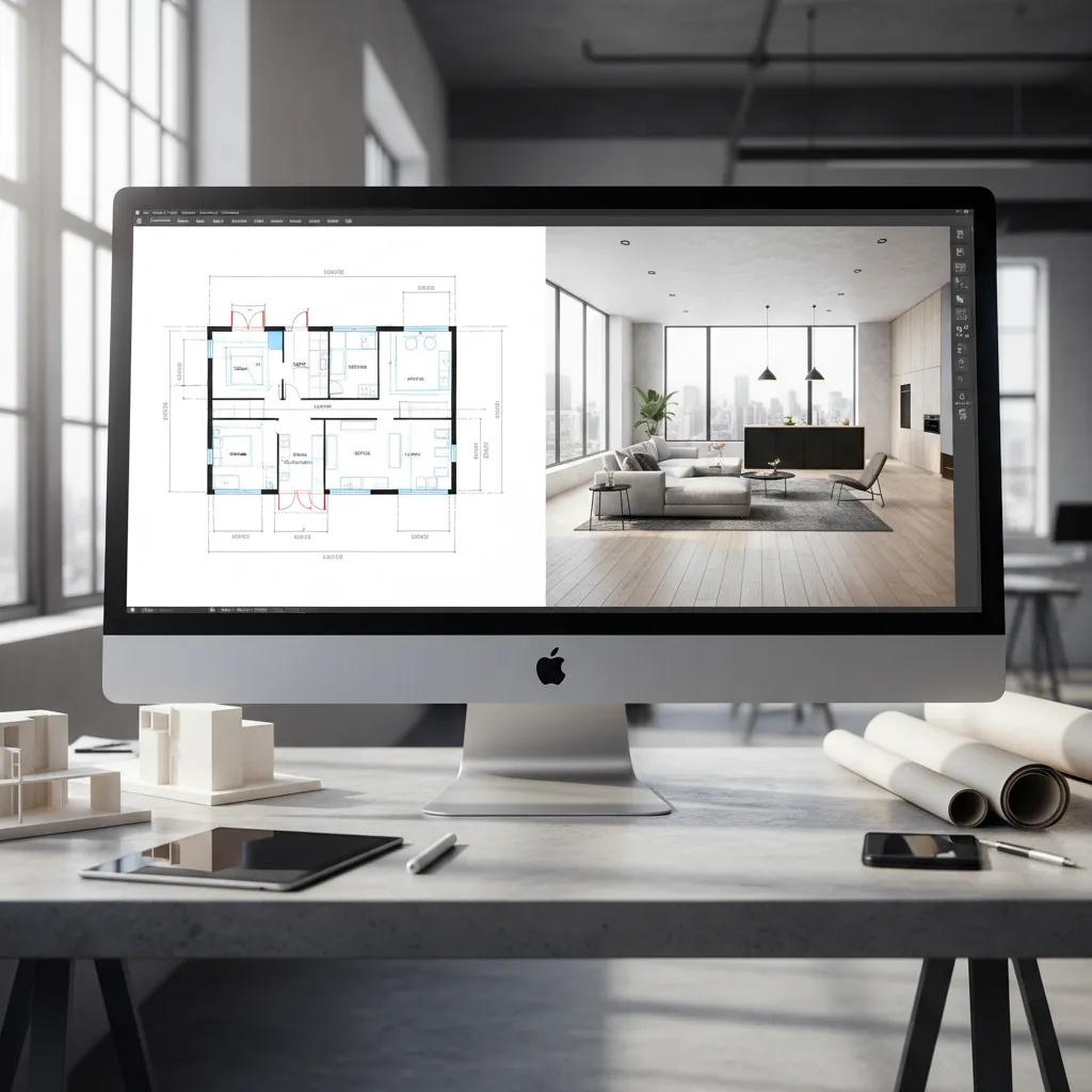 Comparación entre plano 2D y visualización 3D de un mismo espacio