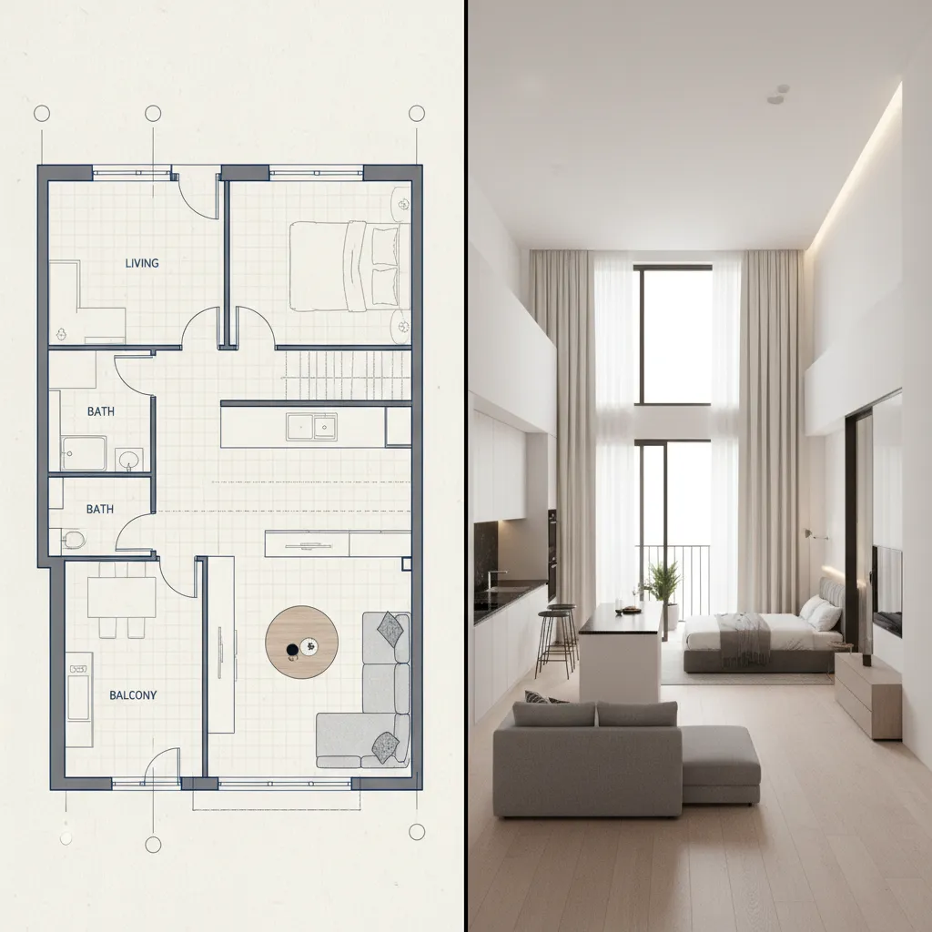 Comparación entre plano de casa en 2D y visualización en 3D