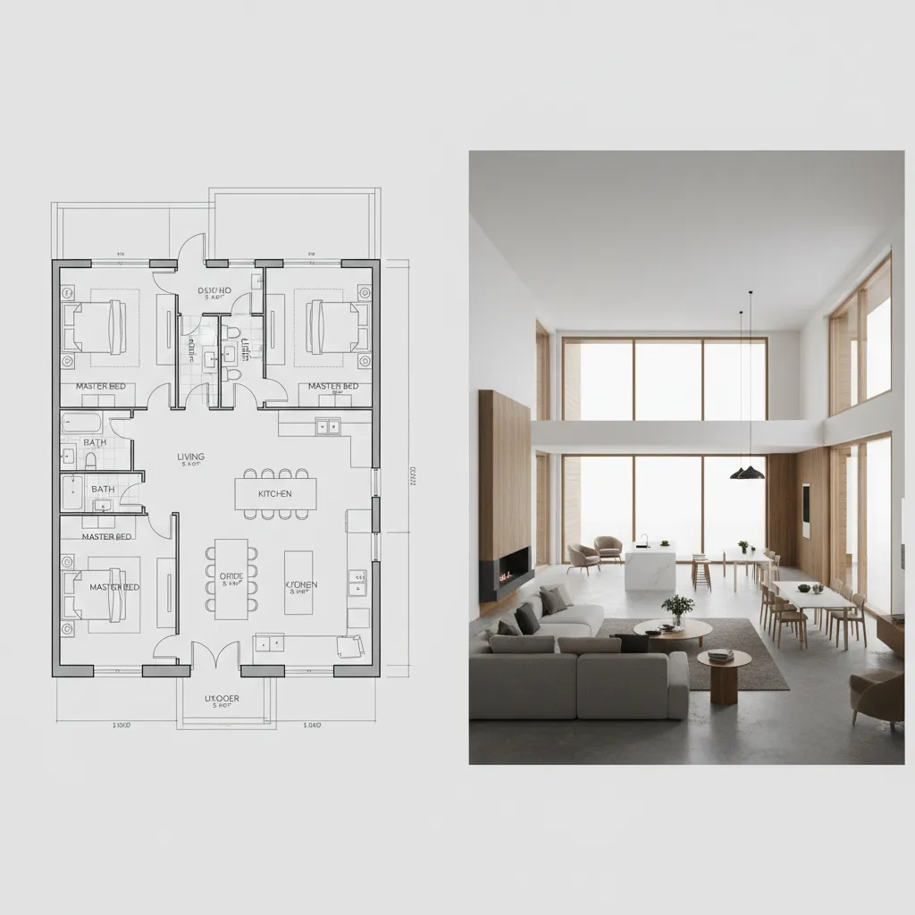 Comparison of a 2D floor plan layout next to a 3D interior design drawing image