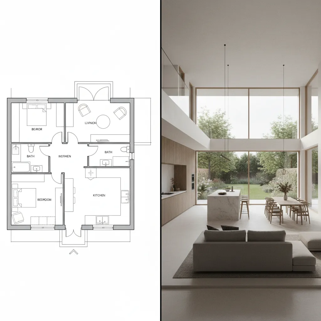 Comparación entre plano 2D y modelo 3D de una casa