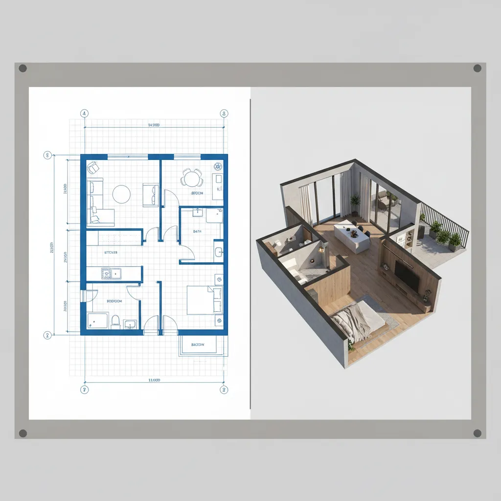 Comparison between a blue floor plan sketch and a furnished 3D room interior design drawing