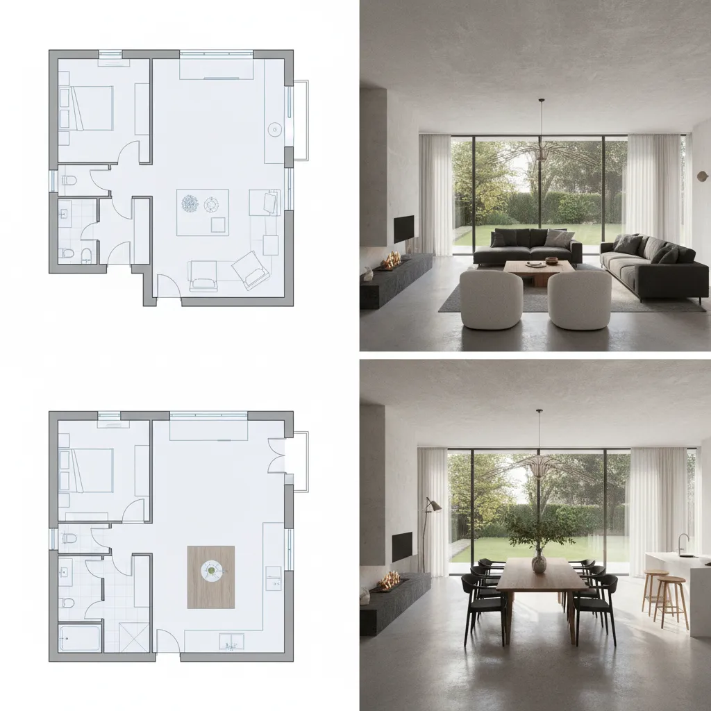 Comparación entre plano 2D y visualización 3D de una vivienda