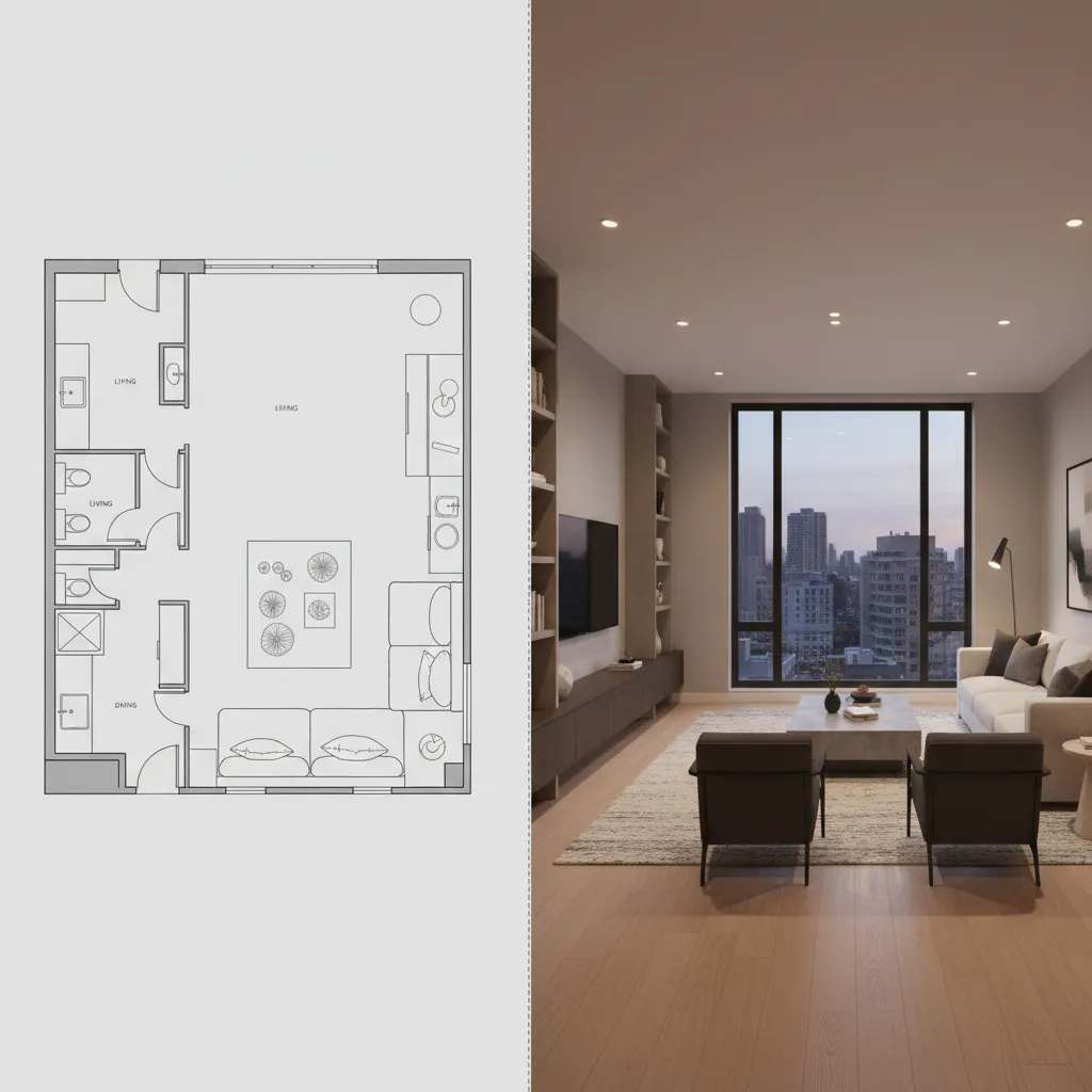Comparación entre plano 2D y visualización 3D de una sala