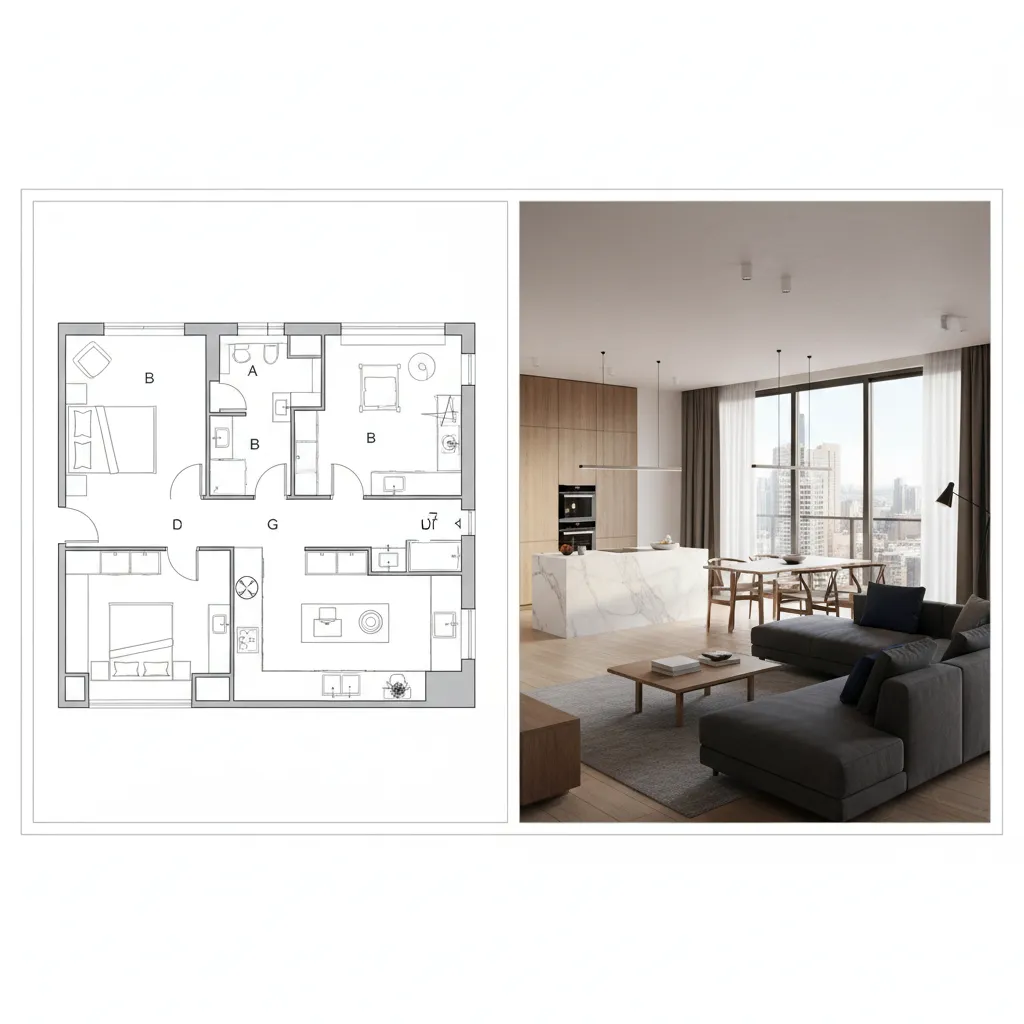Comparación entre plano 2D y visualización 3D de un mismo espacio interior