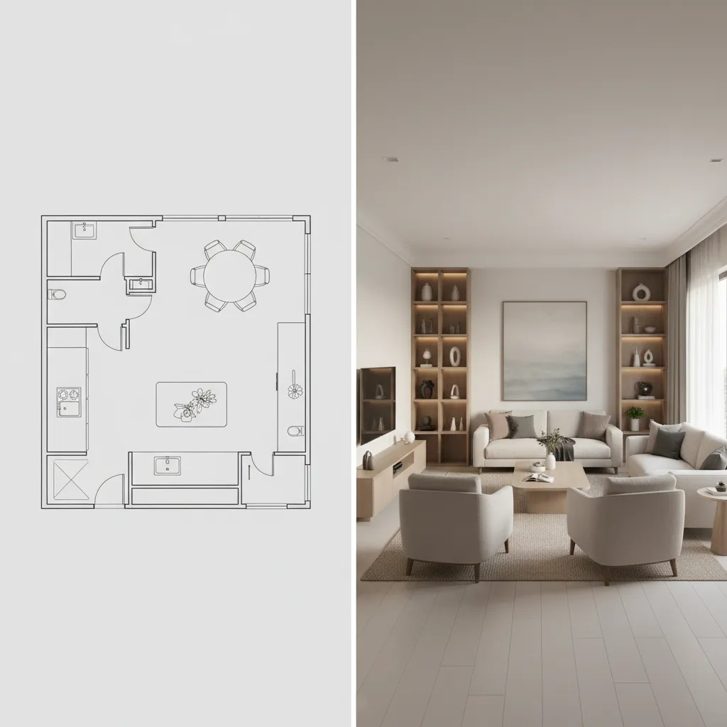 Comparación entre plano 2D y visualización 3D de una habitación