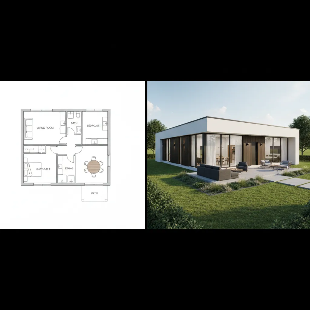 Comparación visual entre plano 2D y modelo 3D de una vivienda