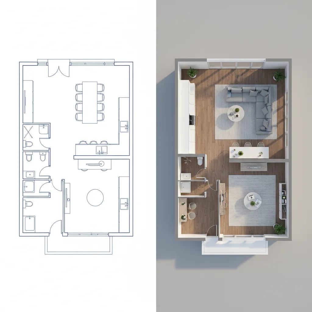 comparación entre plano de casa en 2D y modelo 3D